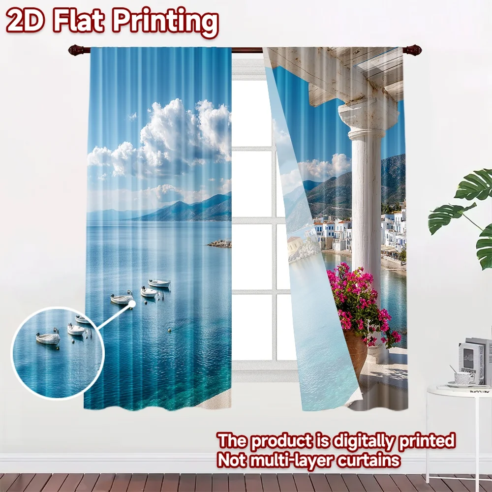 2D flat 2pcs Curtain Country Style Greek Seaside Balcony View Digitally printed polyester Birthday Party Use for Holiday Home
