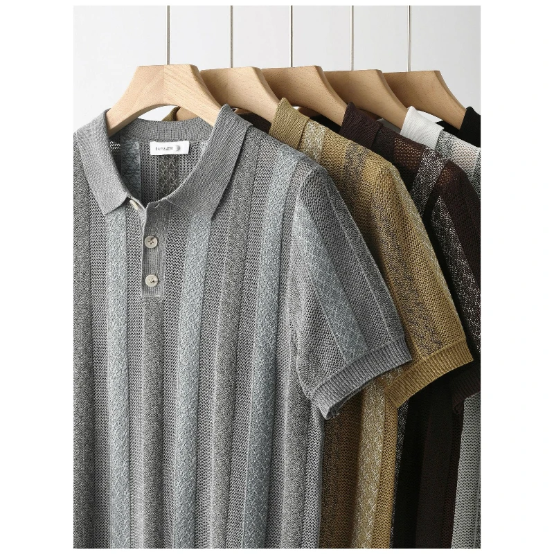 Old Money Style Knit Polo Shirt Men Short Sleeve Lapel Hollow Out Striped T Shirt Luxury Texture Summer Casual Shirts for Men
