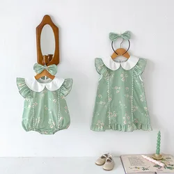 2024 Flower Printing Baby Girl Romper Doll Collar Cute Flying Sleeve Toddler Dresses Lace Sisters Matching Children New Clothing