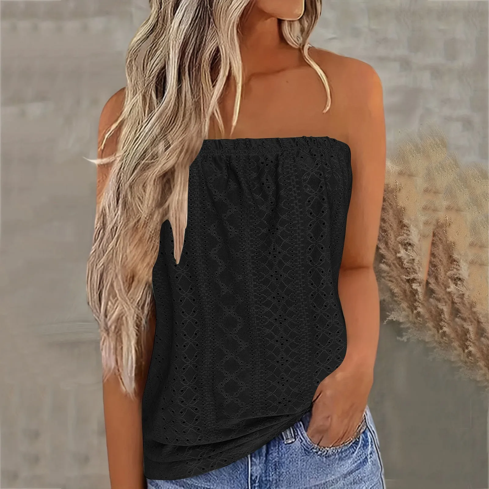 Casual Summer Hollow Out Strapless Tank Top Women Bluzki bez rękawów dla kobiet Moda Eleganckie luźne podkoszulki dla kobiet