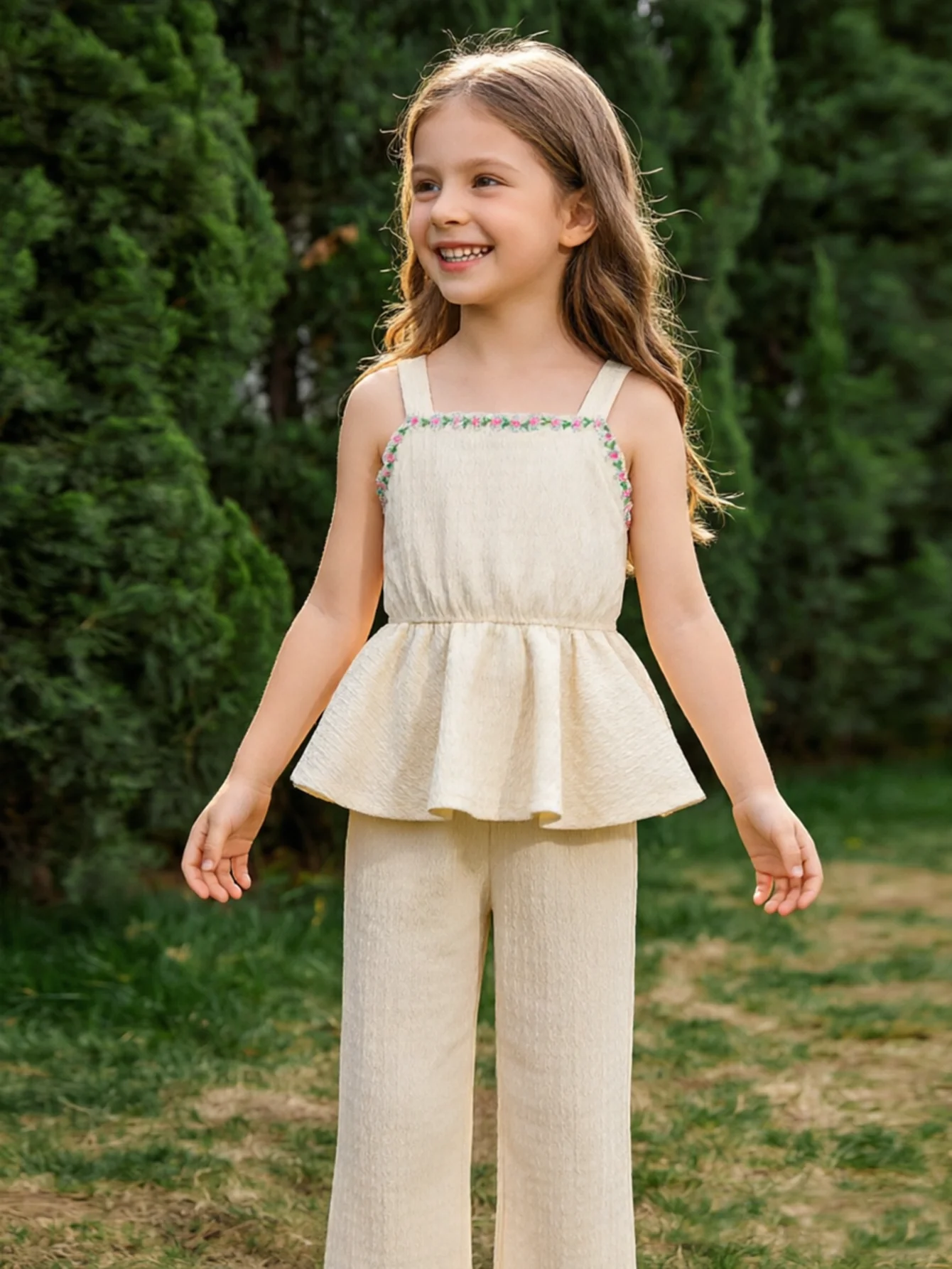 Texture Cloth Girls 2 Pcs Set Strap Ruffled Hem Top + Straight Leg Pants Embroidered Flowers Pure Color Children's Clothing Sets