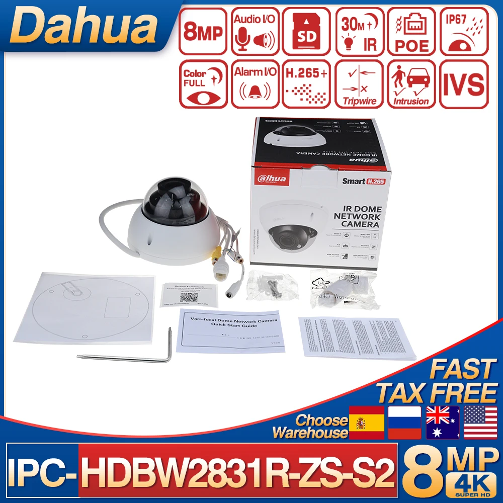 

Dahua 8MP IP67 IK10 Outdoor Dome Camera IPC-HDBW2831R-ZS-S2 Motion Detection Motorized Vari-focal Lens Network Starlight Camera