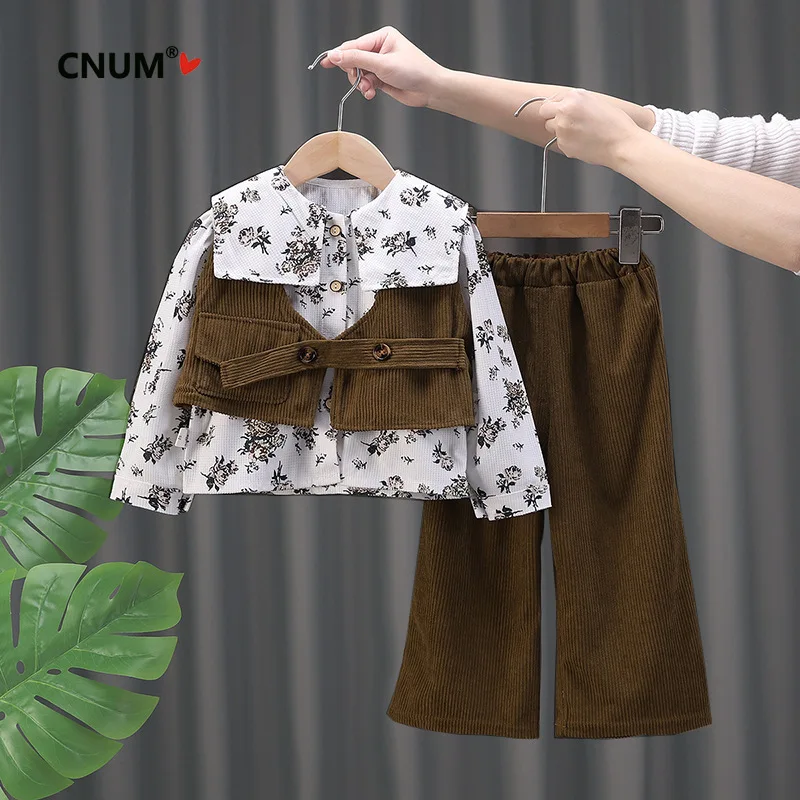 CNUM Korean Style Girls' Spring 2026 New Baby Girl Printed Shirt Fashion Vest Pants Three-Piece Clothing Set Kids