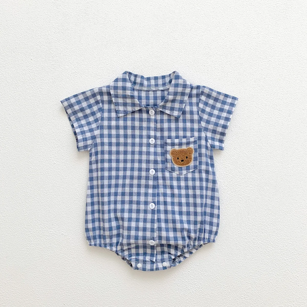 Cute jumpsuits kids Baby Clothing BodySuits Summer Short Sleeve Plaid Embroidery Bear Outfits Infant Kids Handsome Boy Suit