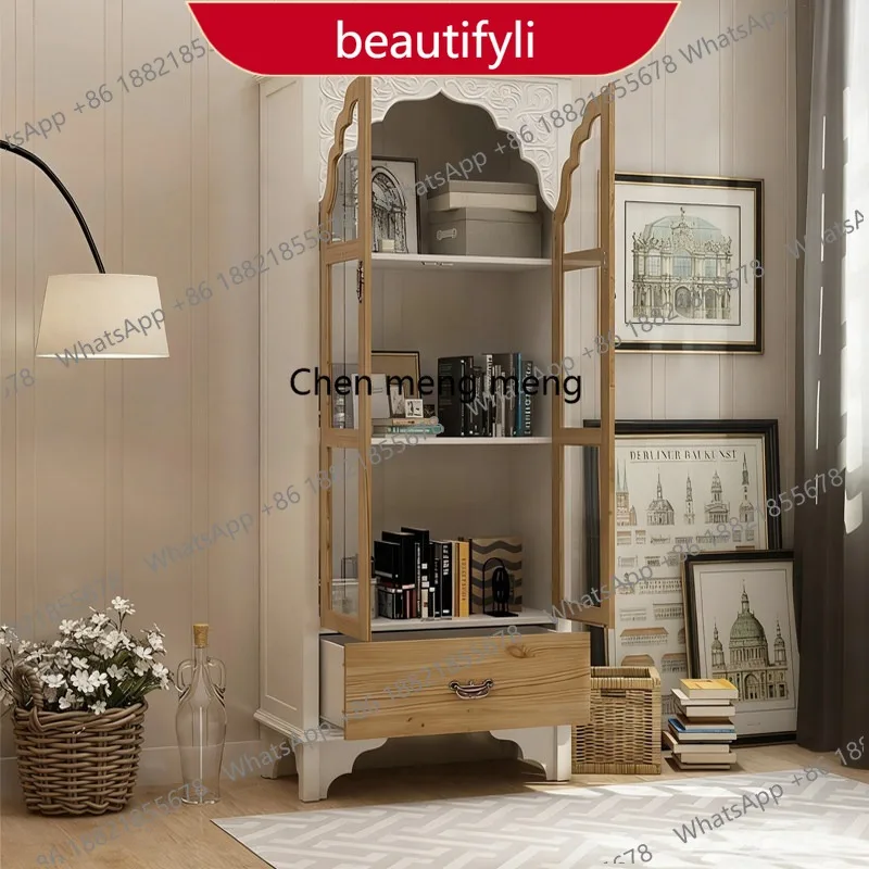 

M02 French retro solid wood glass wine cabinet carved dining side cabinet American living room storage display cabinet