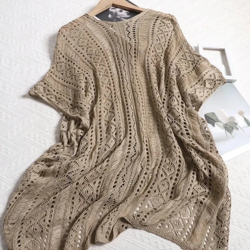 Casual Oversized Hollow Out Swimsuit Cover Up Crochet Sweater V-neck Knitted Bikini Cover Up Loose Long Sleeve Beach Wear Pool