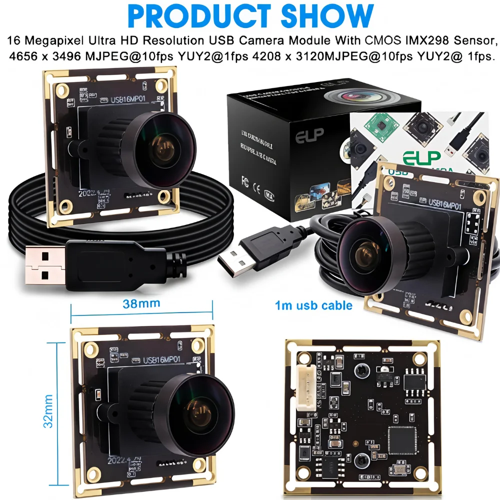 ELP 16MP USB Camera Module IMX298 Sensor Free Driver USB2.0 Fisheye Wide Angle Webcam for Raspberry Pi Laptop Video Conference