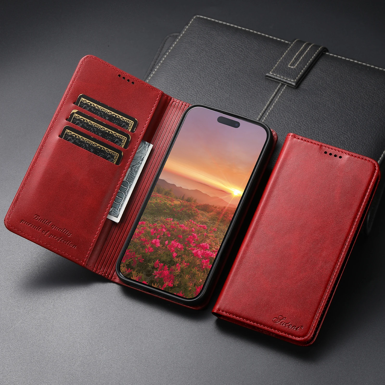 SUTENI Kunstleder-Kartenhalter-Standfunktion-Geldbörse Magnet-Flip-Cover Handyhülle für iPhone 18 Pro Max 17 16 Plus 15 Pro 14 13 12 – Detail 9