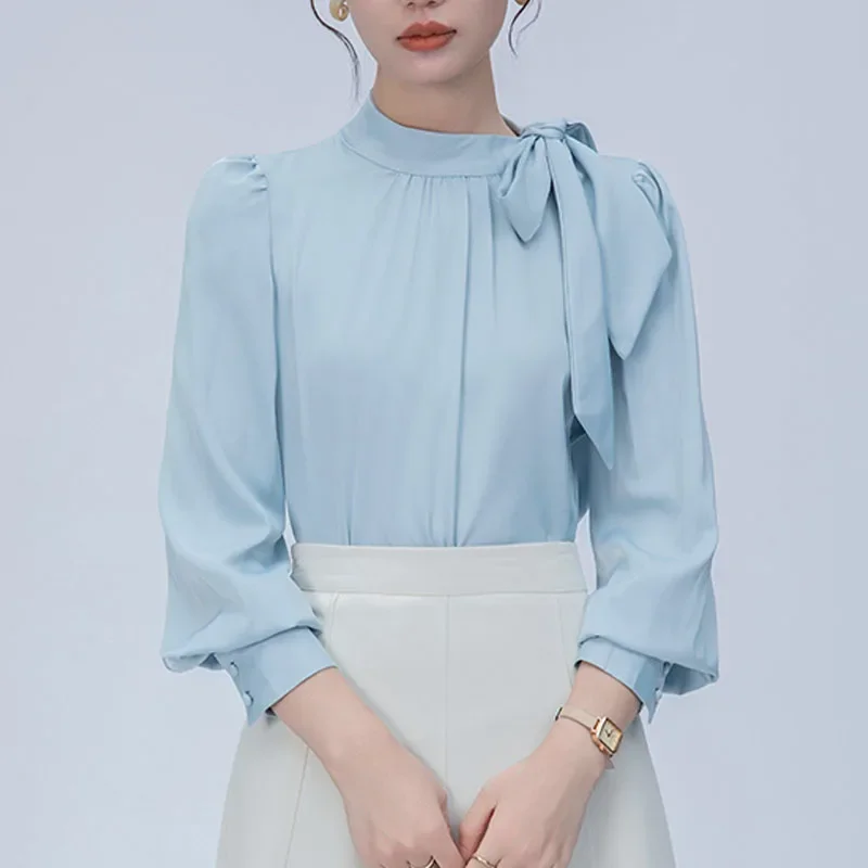 Autumn New Long Sleeve Stand Collar Women Blouse Korean Version Bow Blue White Grace Chiffon Blouse Shirt Women Tops Blusas D264