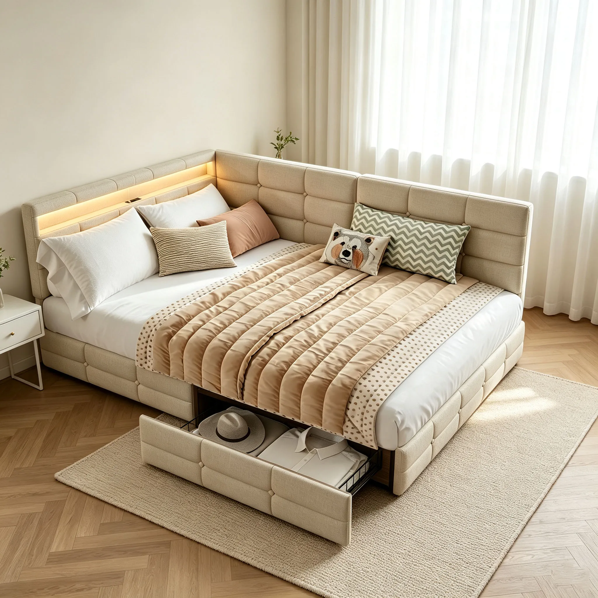 Superaly, gepolstertes Bett 140x190 cm, Beige-Leinenstoff, Bettgestell mit L-förmigem, gepolstertem Kopfteil und Stauraum unter dem Bett, Schlafsofa, Lattenrost, Schlafzimmermöbel.