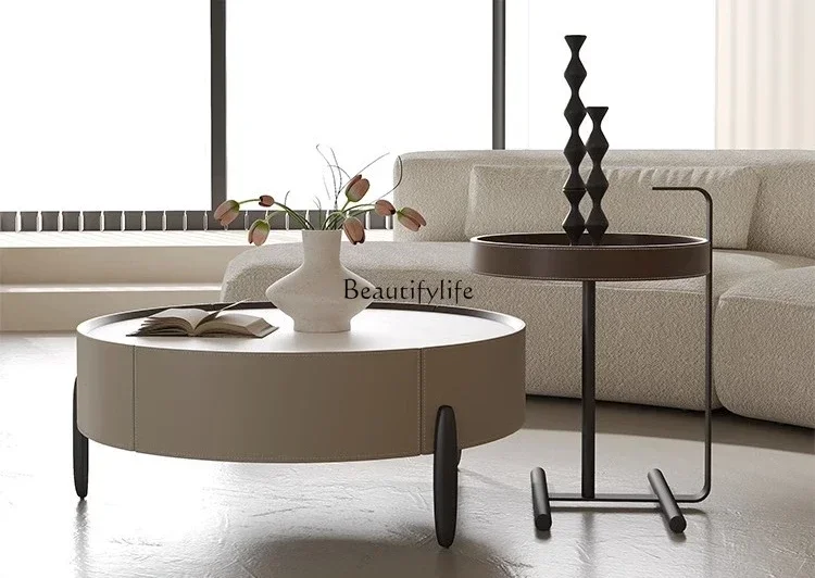 NN Italian minimalist rock slab size round coffee table combination living room light luxury high-end saddle leather coffee tabl