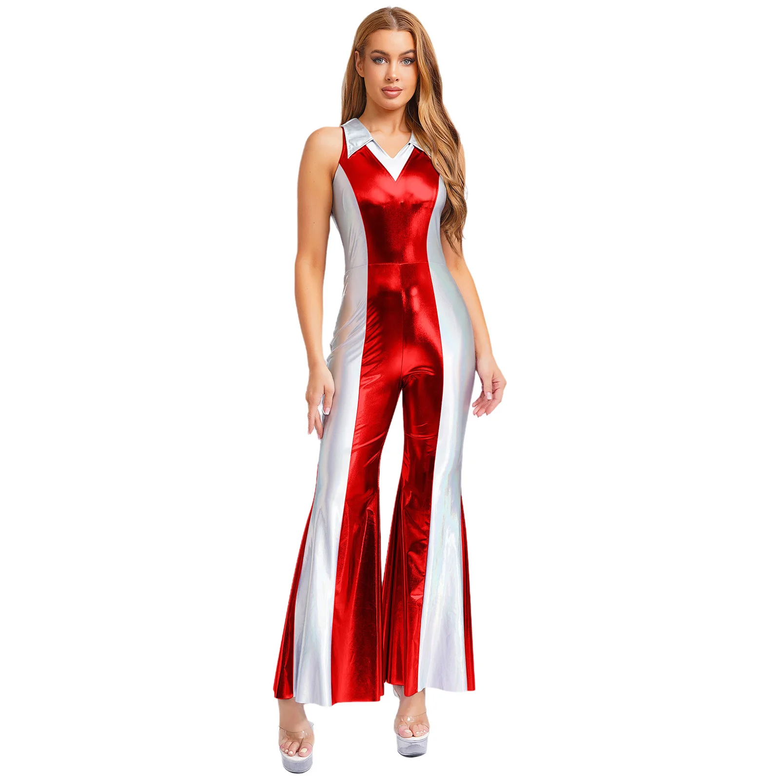 

Women 70s 80s Disco Jazz Prom Dance Jumpsuit Outfit Sleeveless Shiny Contrast Color Flared Long Pants for Halloween Party Wear