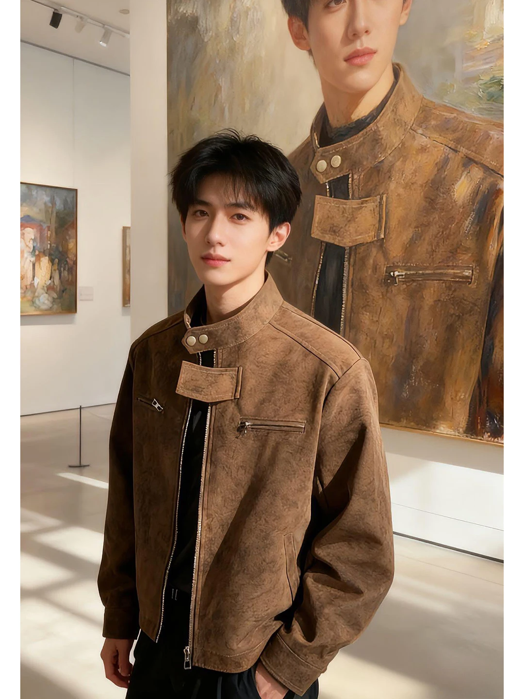 

American Sle Dyed Leather Jaet Men's ort Sle Stand Collar Hip Haome Spring Autumn Motorcycle Jaet