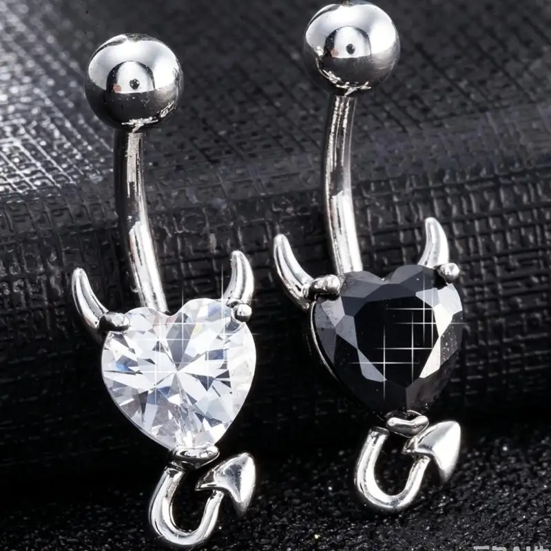 316L Stainless Steel Belly Button Ring Sparkling Cubic Zirconia Cute Devil Heart Shape for Daily Party Wear