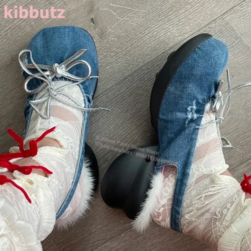 Denim Bows Ballet Pumps Round Toe Strange Heels Mixed Color Slip-On Fashion Elegant Concise Novelty Sexy Party Women Shoes New view 6