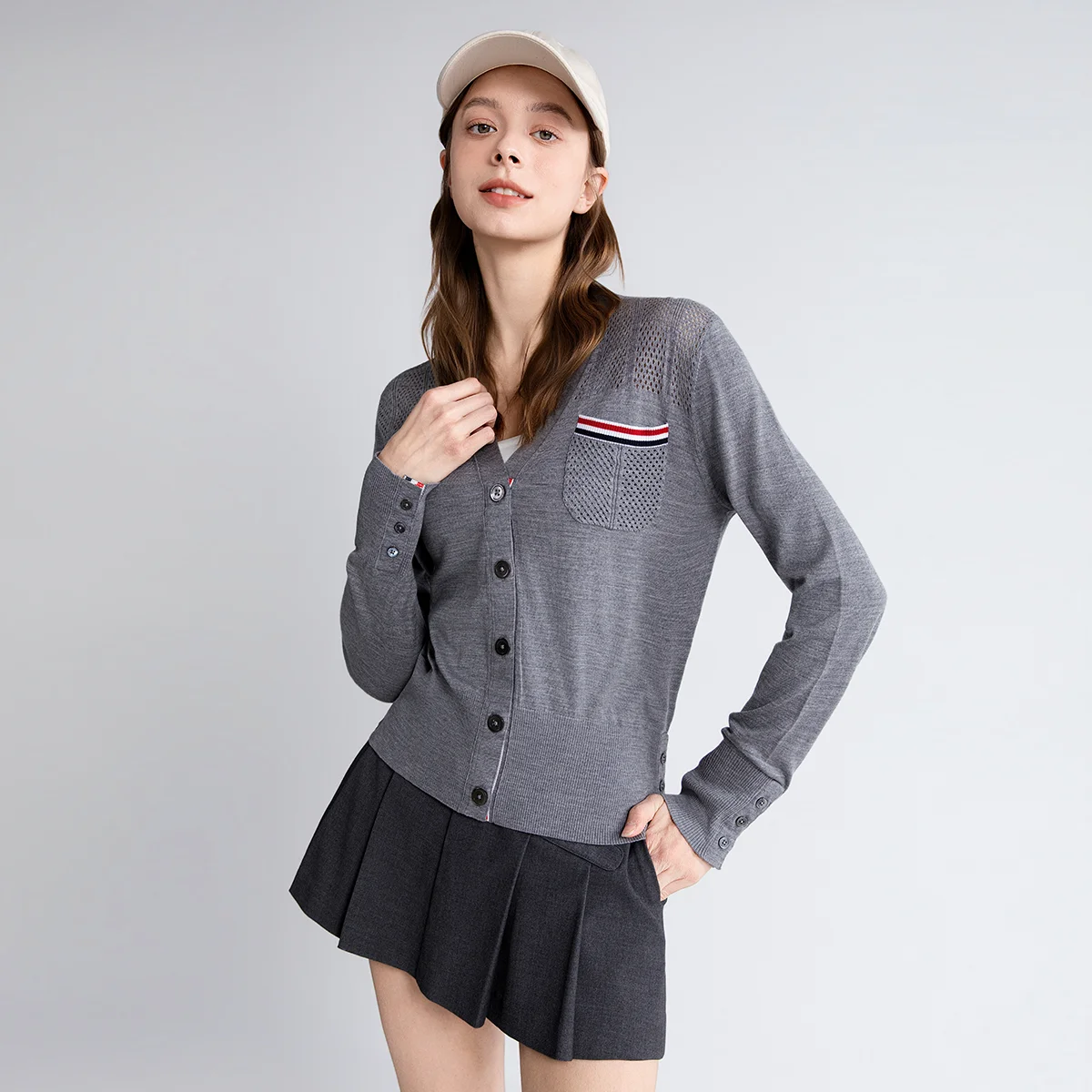

TH861047 High End Wool Silk Cardigan Women Sophisticated V-Neck Knit Sweater Runway Style Slim Fit Female Clothing