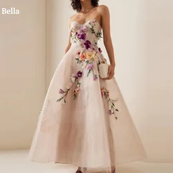 Bella Customized A-Line 3D Flowers robes de soirée Ankle-Length Strapless Evening Dresses Wedding Party V Neck Wedding Dress