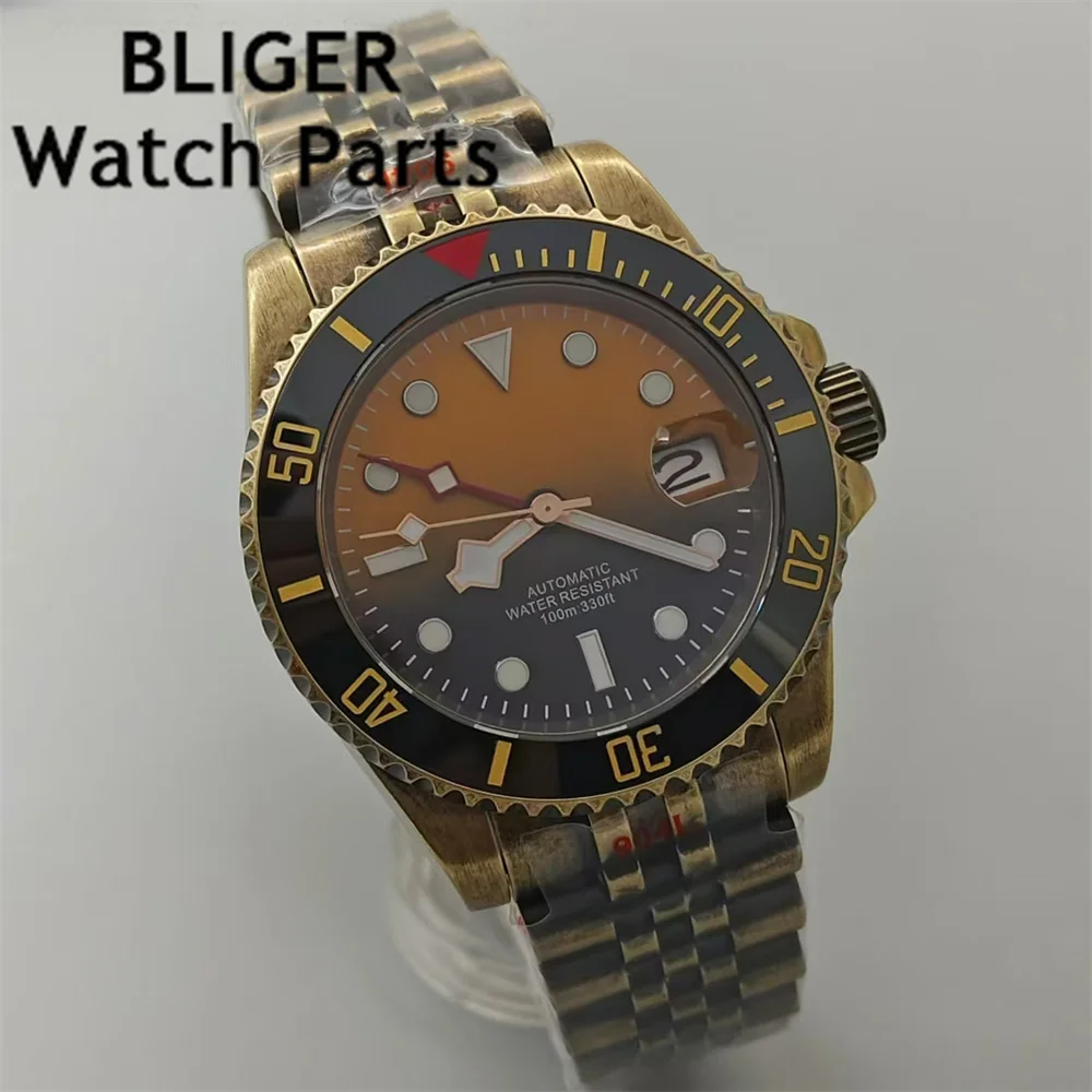 BLIGER 40mm NH34A Bronze Men's Automatic Watch GMT Function Black Yellow Dial Sapphire Glass Stainless steel Case Green Luminous