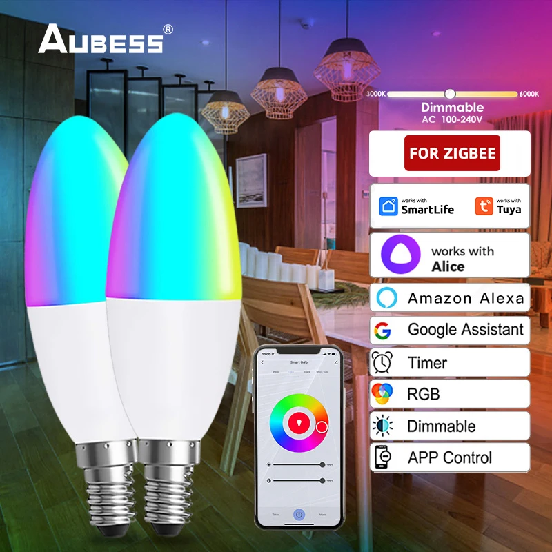 Tuya Zigbee 3.0 Smart E14 LED Candle Light Bulb 5W RGB+W+C Dimmable Led Lamp Timer Spotlight Via Smart Life Alexa Google Home