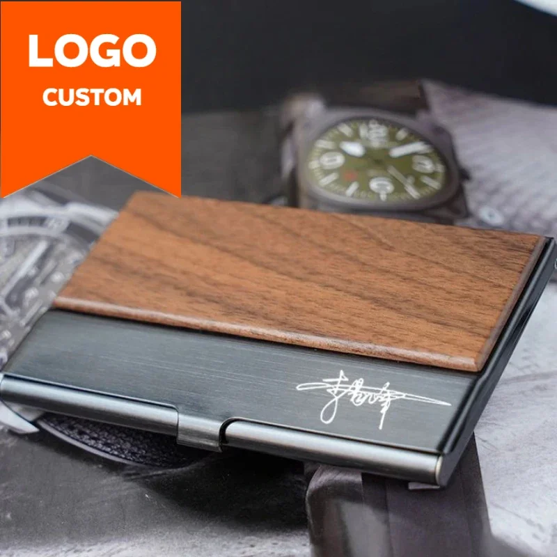 

Customized Logo Wooden Stainless Steel Business Card Box Case Laser Engraving Wood Clip Personalized Cardcase Activities Gifts