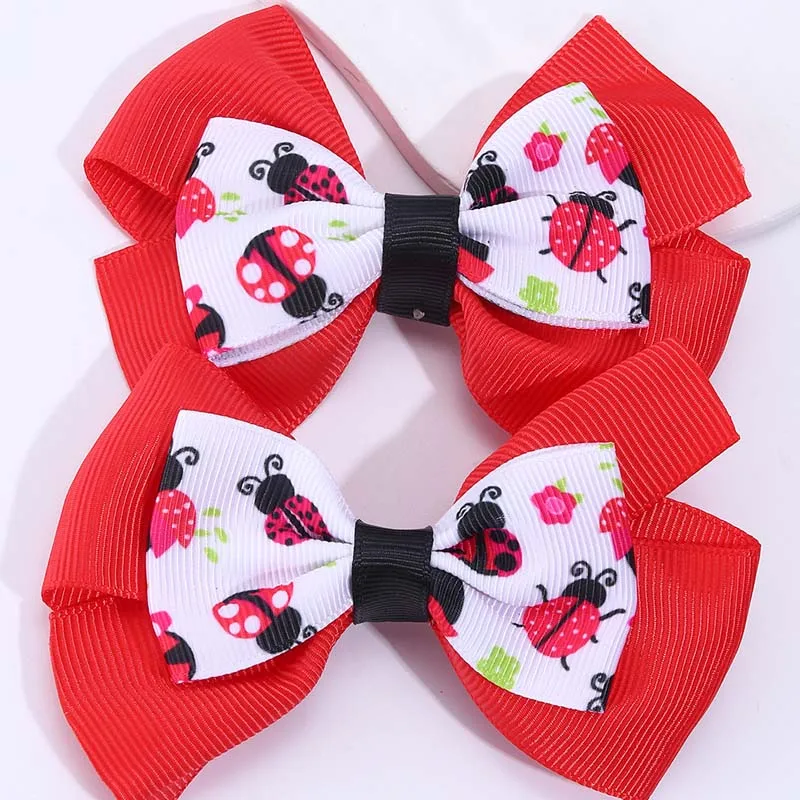 Oaolee 2Pcs Ladybug Print Hair Bow Clip for Kids Girl Cute Grosgrain Ribbon Bowknote Hairpin Barrettes Headwear Hair Accessories