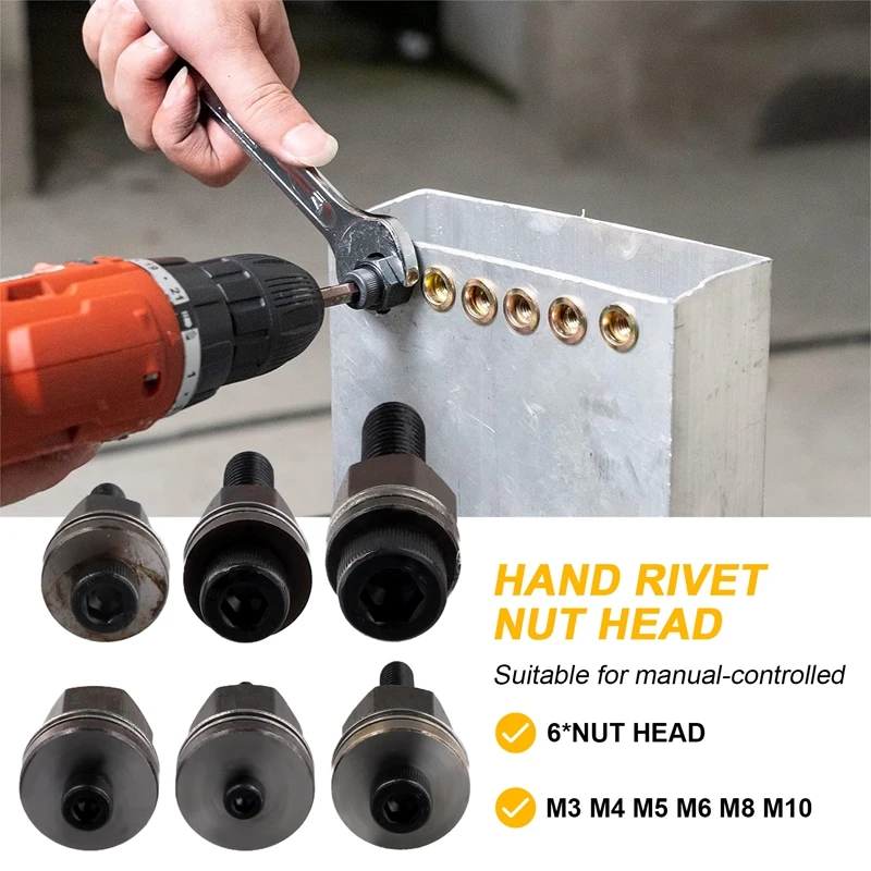 Mão Rivet Ferramenta Steel Head Set, Manual Riveter Substituir, Dica Porca, Mandril Cabeça, M3, M4, M5, M6, M8, M10, 6pcs