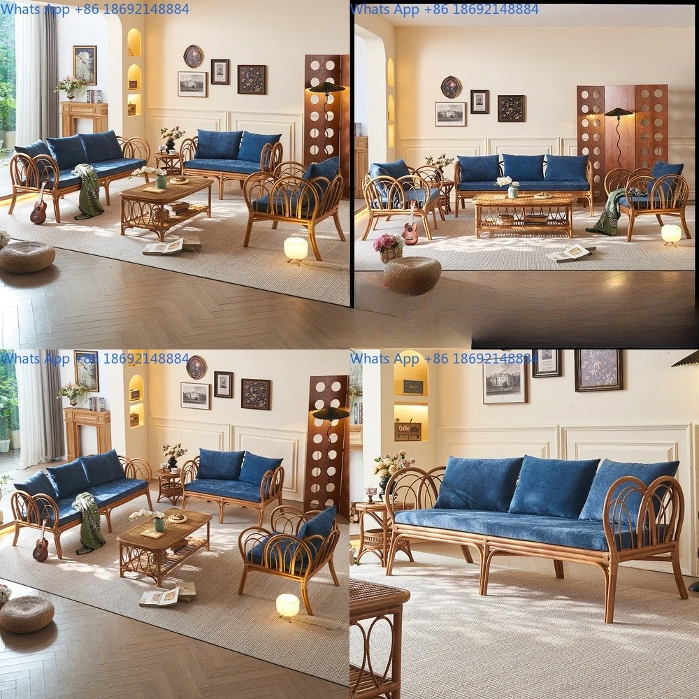 

Vintage style rattan sofa set for living room handwoven with onyx stone coffee table minimalist design ideal for homestay