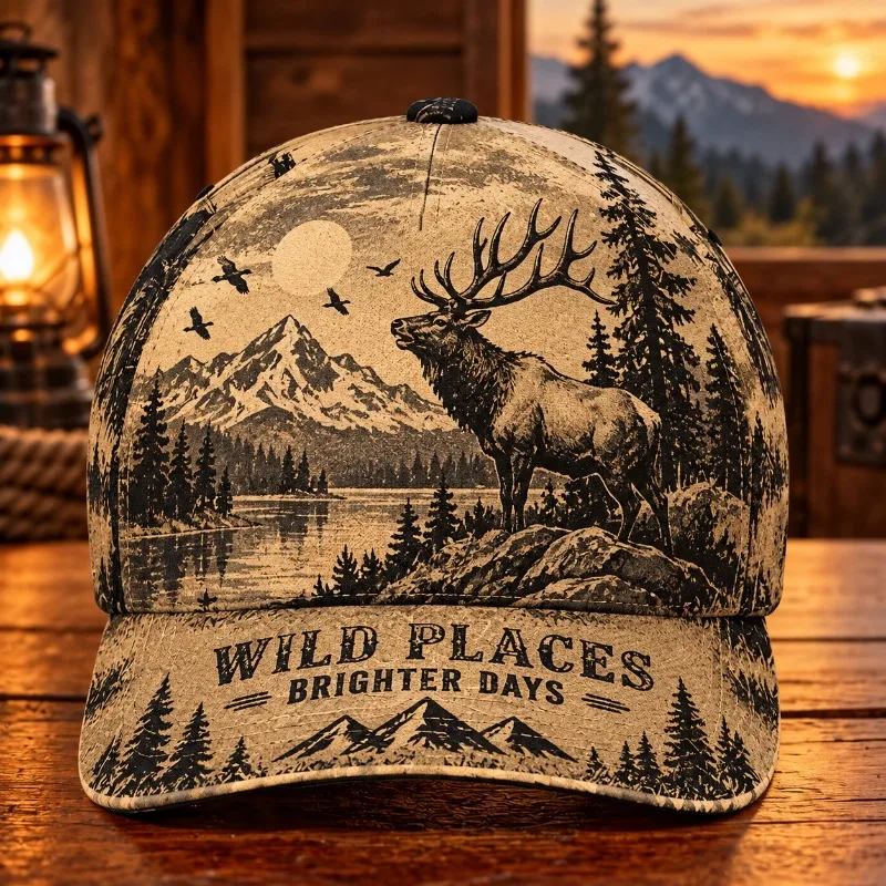 Customization Wild Places Brighter Days Deer Mountain Baseball Cap For Men Women Sepia Vintage Lake Pine Compass Trucker Cap Sun