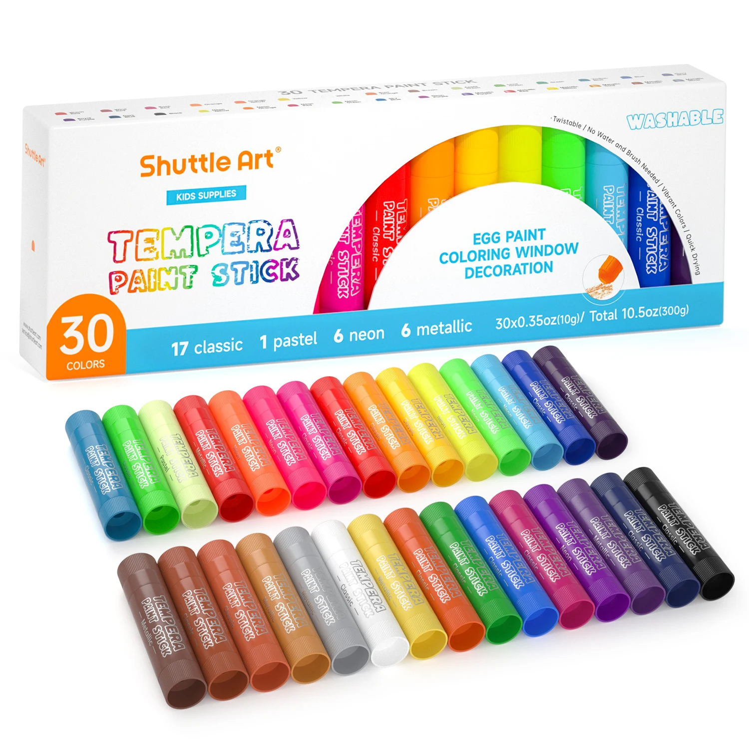 Shuttle Art Tempera Paint Sticks 30 Colors, Kids Safe, Washable Mess-Free | Fast Drying Solid Paint Sticks, Works Smoothly and Creamy on Paper, Wood, Glass, Ceramic and Canvas for Kids Art Creation