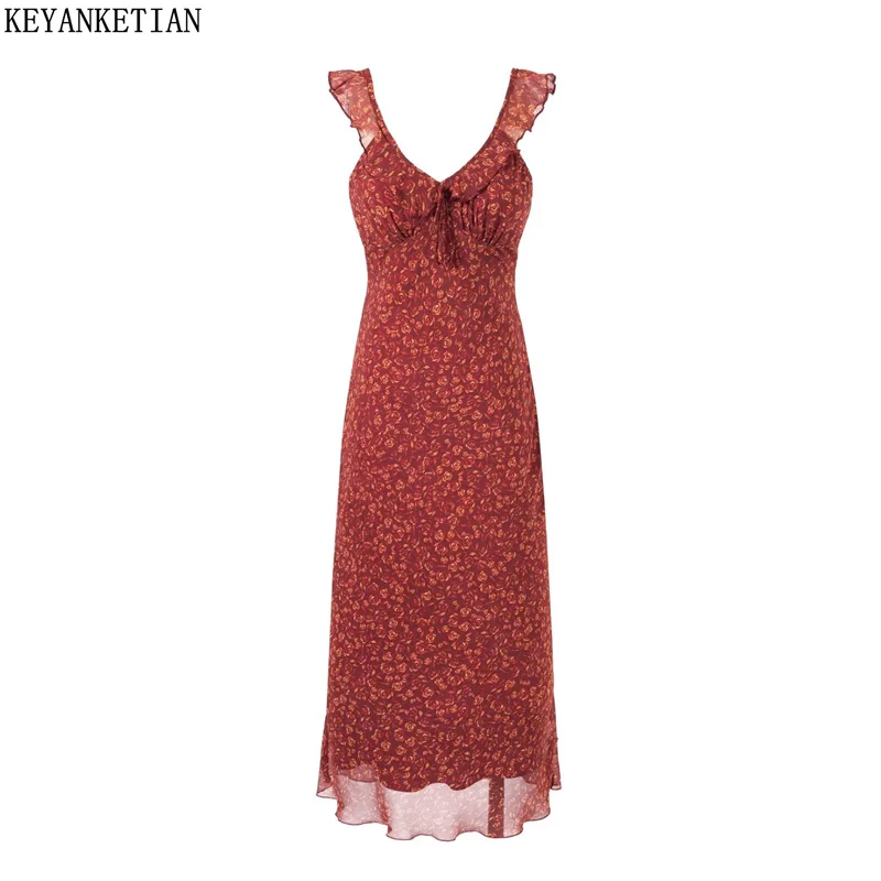 

KEYANKETIAN 2025 Summer New Women's Bow Lace Up Tiered V-Neck Flower Print MIDI Dresses Holiday wind Slim Chiffon Slip Dress
