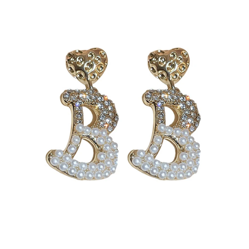 Pendientes de Metal con perlas de imitación y diamantes de imitación para mujer, aretes colgantes con forma de corazón y letra B, joyería ostentosa para fiesta C1269