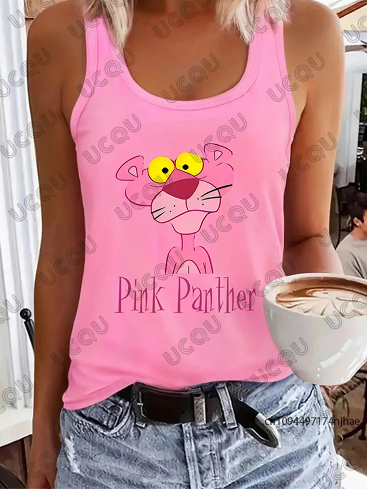 Novedad de verano, chaleco con estampado de Pantera Rosa de dibujos animados para mujer, camiseta sin mangas informal de Color sólido, camisetas de calle Vintage para exteriores