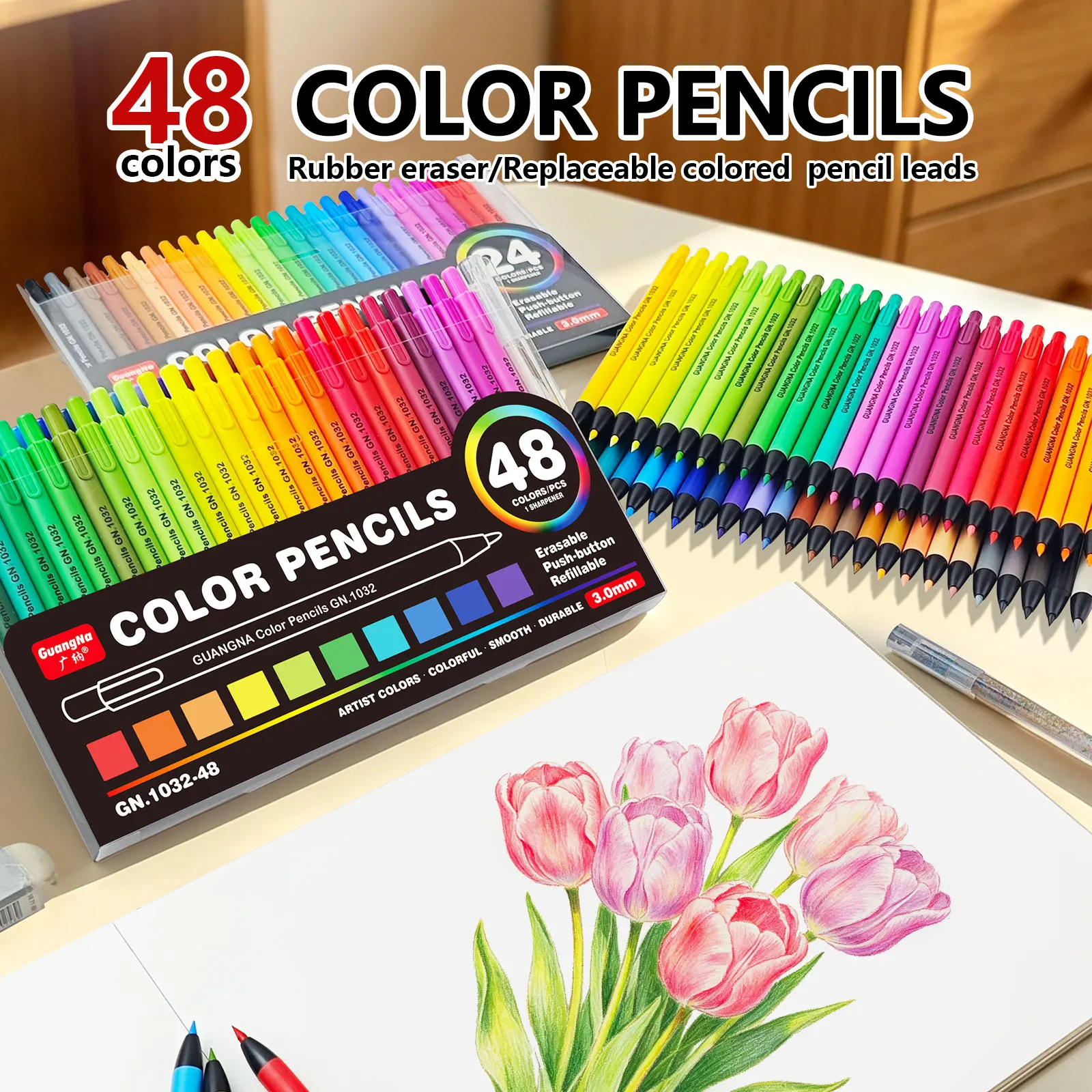 GuangNa 24-48 Colors Click Colored Pencils 3.0mm Soft Oily Lead Mechanical Pencils for Student Art School Supplies Stationery