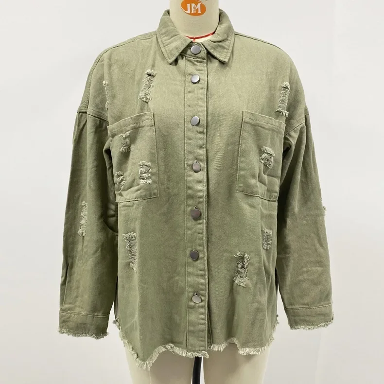 Women Fashion Ripped Denim Jacket Turn Down Collar Long Sleeve Tops Single Breasted Tassels Coat Loose Shirts & Blouses Outwear