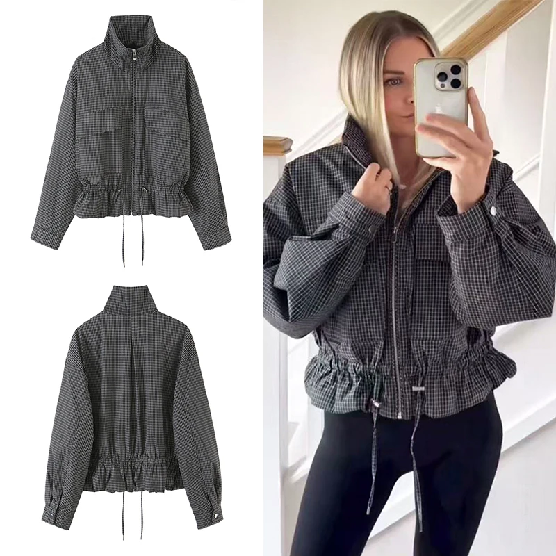 Guobioziy 2026 Fall Women High Neck Zip Up Coat Drawstring Hem Flap Pockets Loose Oversized Casual Street Trend Outerwear