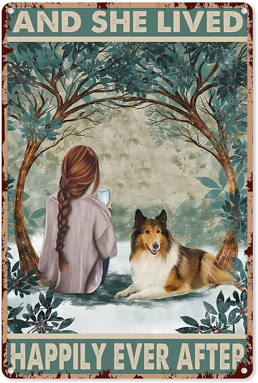 1p，Tin Sign Funny Funny Animal Posters Rough Collie Lying Beside The Girl and Lived Happily Ever After Tin Sign Decoration Vinta