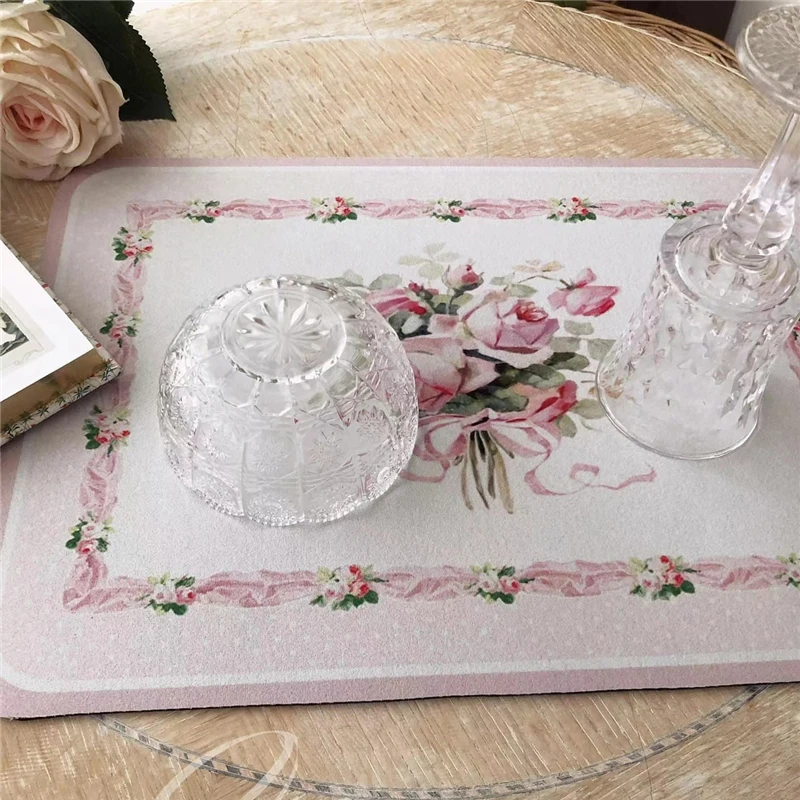 Diatom Mud Placemat French Retro Rose Print Anti-scalding Table Decorative Mat Coaster Kitchen Countertop Storage Tableware Mat