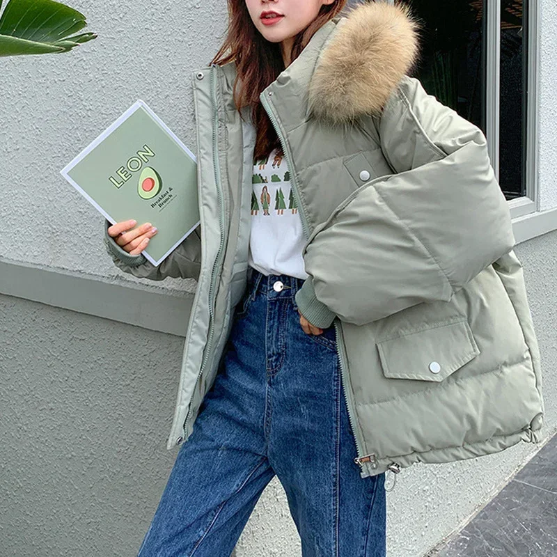 한국 단색 파카, 간단한 학생 루즈 코튼 코트, 겨울 모피 칼라 후드, 두껍고 따뜻한 재킷, 여성 빵 의류