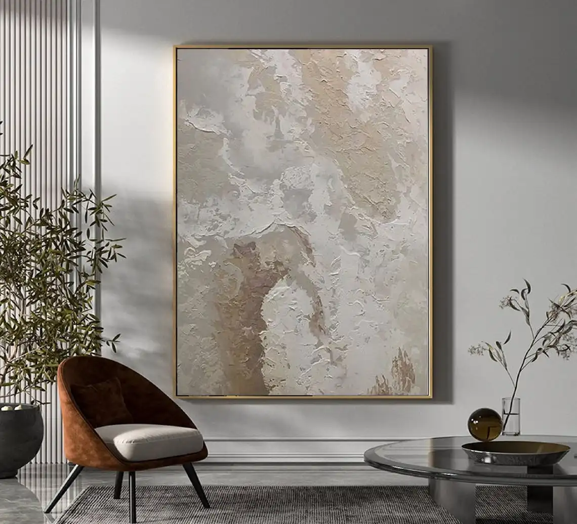 Beige White Painting Wabi-Sabi Texture Wall Art Neutral White Abstract Handmade Painting on Canvas Wall Decor For Living Room