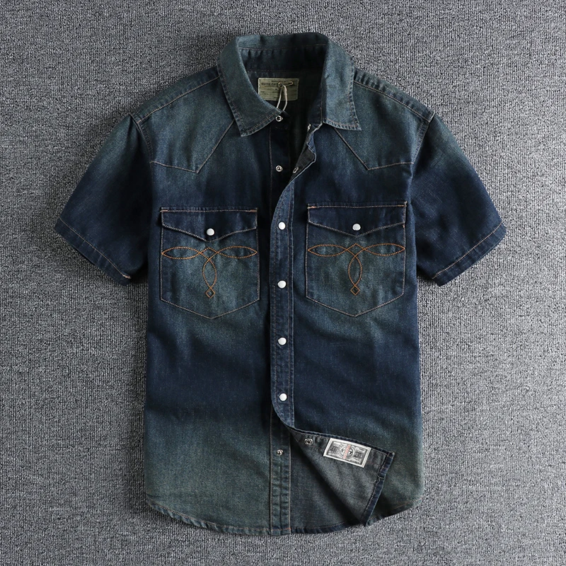 Summer New American Retro Short Sleeve Lapel Denim Cargo Shirt Men's Fashion Pure Cotton Washed Old Multi-pocket Casual Blouses