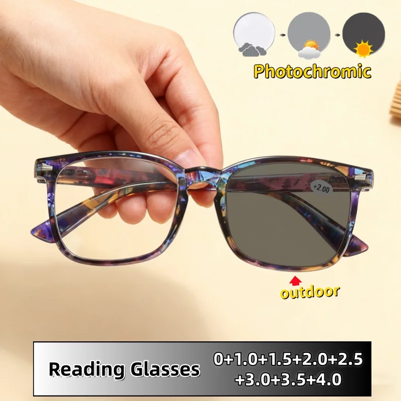 

New Photochromic Presbyopia Glasses Characteristic Floral-print UV Protective Unisex Eye Protection Eyeglasses 0 To +4.0