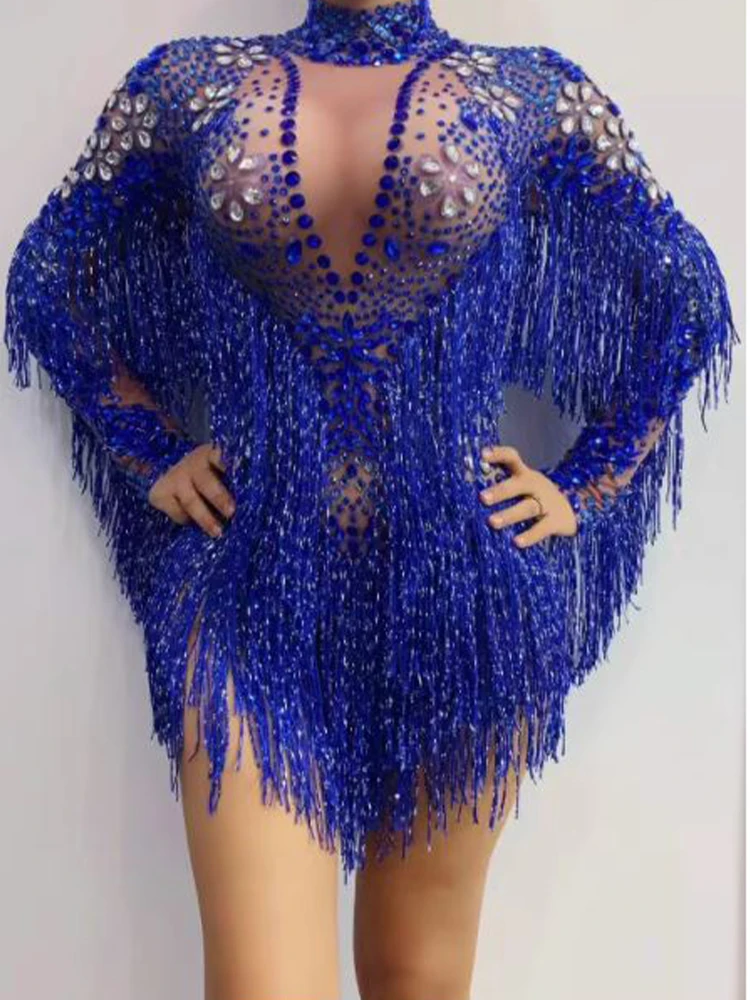 

High Quality Blue Hot Diamond Tassel High Fork Elastic Jumpsuit 2024 New Fashion Custom Women'S Clothing