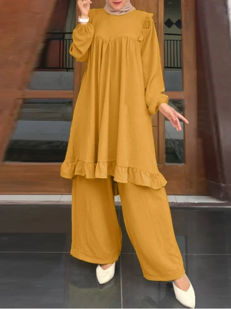 Ramadan Eid Muslim Set Two Piece Shirt &Pants Women Suits Shirt Blouse Musulman Ensembles Moroccan Kaftan Islamic Dress Sets