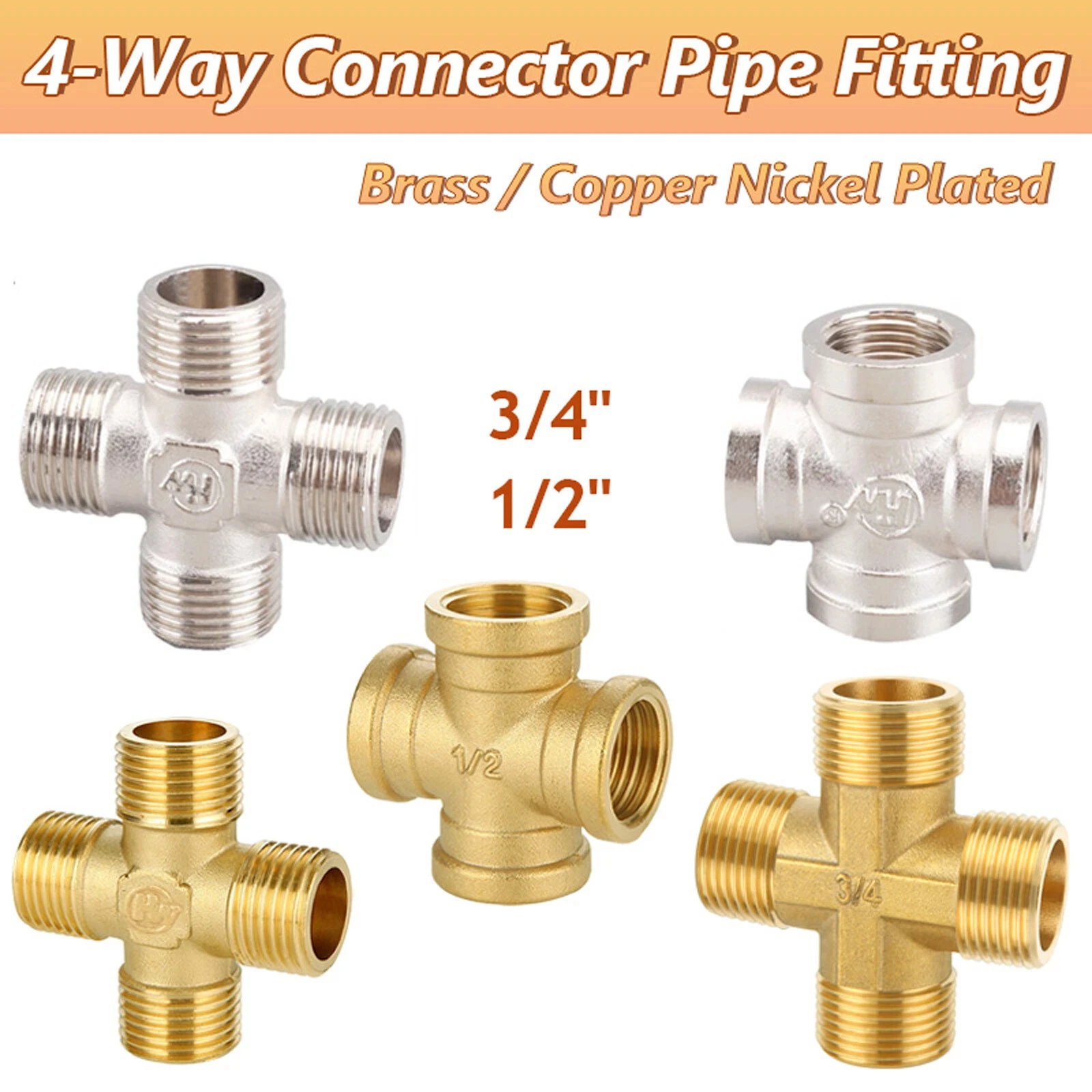 

1/2/5pcs 1/4" 3/4" Brass Cross Equal BSP Male/Female Thread 4-Way Copper Nickel Plated Connector Pipe Fitting