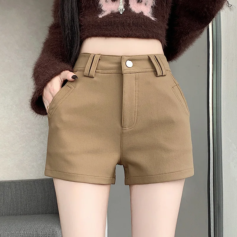 

Корейские модные женские шорты с высокой талией, черные утолщенные зимние эластичные облегающие шорты трапециевидной формы, облегающие бедра, пикантные девушки