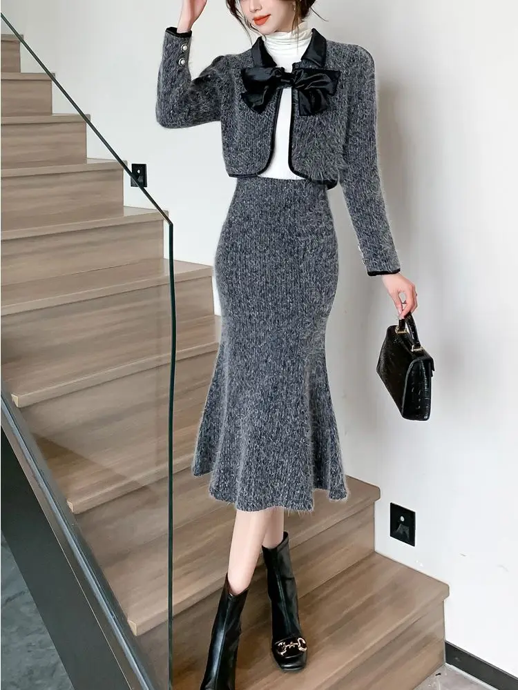 Women Elegant Woolen Prom Party Suit Bow Jacke Coat And Long Skirt Two Piece Set Outfit 2023 Winter Elegant Workwear Warm Cloth