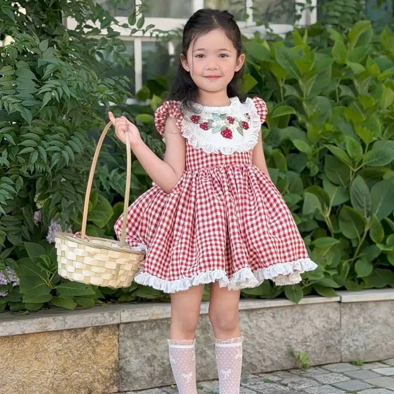 Summer Toddler Baby Girl Red Plaid Dress Strawberry Embroidery Lace Princess Tutu Dress Kids Birthday Picnic Party Outfit