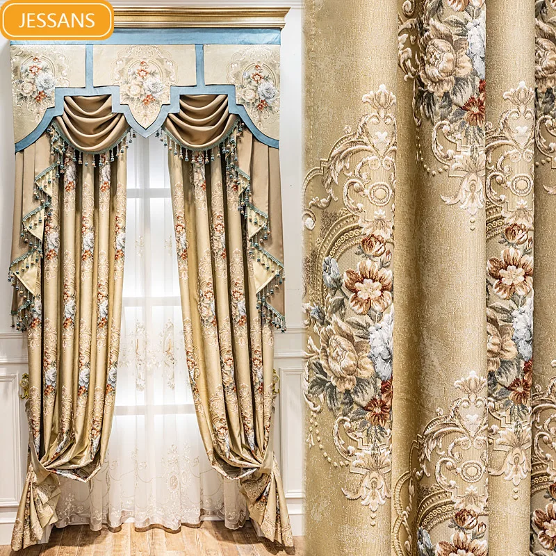 

European Palace Luxury Coffee Embossed Three-dimensional Jacquard Curtains for Living Room Bedroom French Window Customized