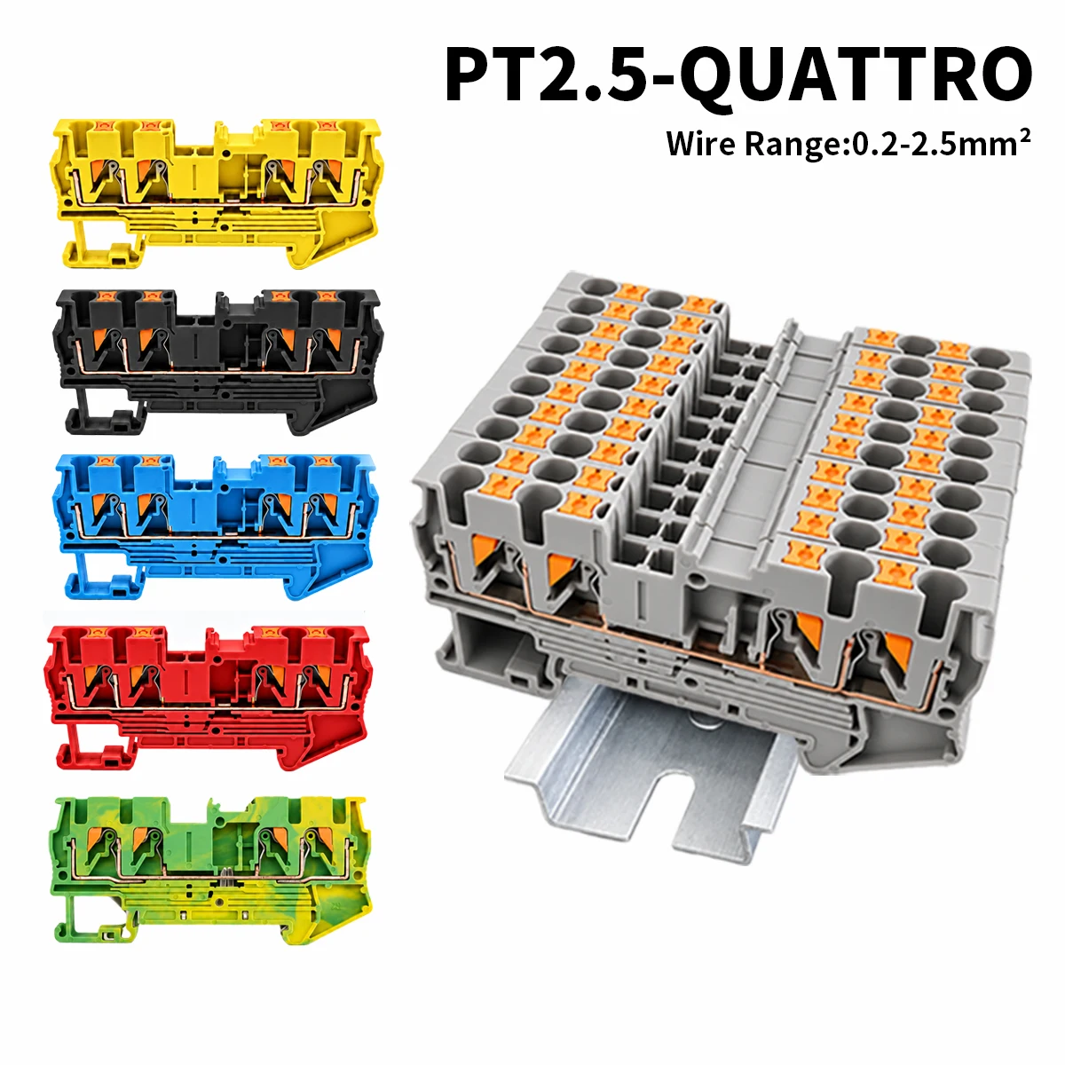 PT2.5 QUATTRO 4-Conductor Push-In DIN Rail Terminal Block 24A 800V 0.2-2.5mm2 Screwless Spring Electrical Wire Cable Connector