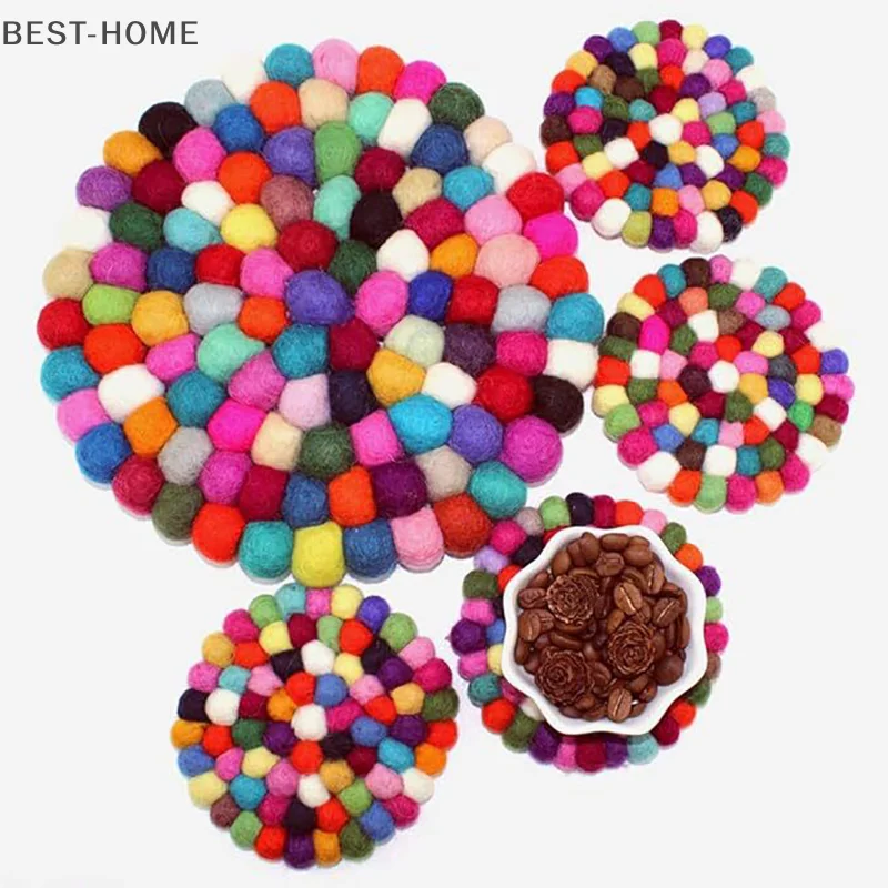 Colorful Round Felt Ball Coasters 4 Inches Wool Felt Coaster Pads Fashionable Handmade Wool Felt Small Cup Mat Rotundity